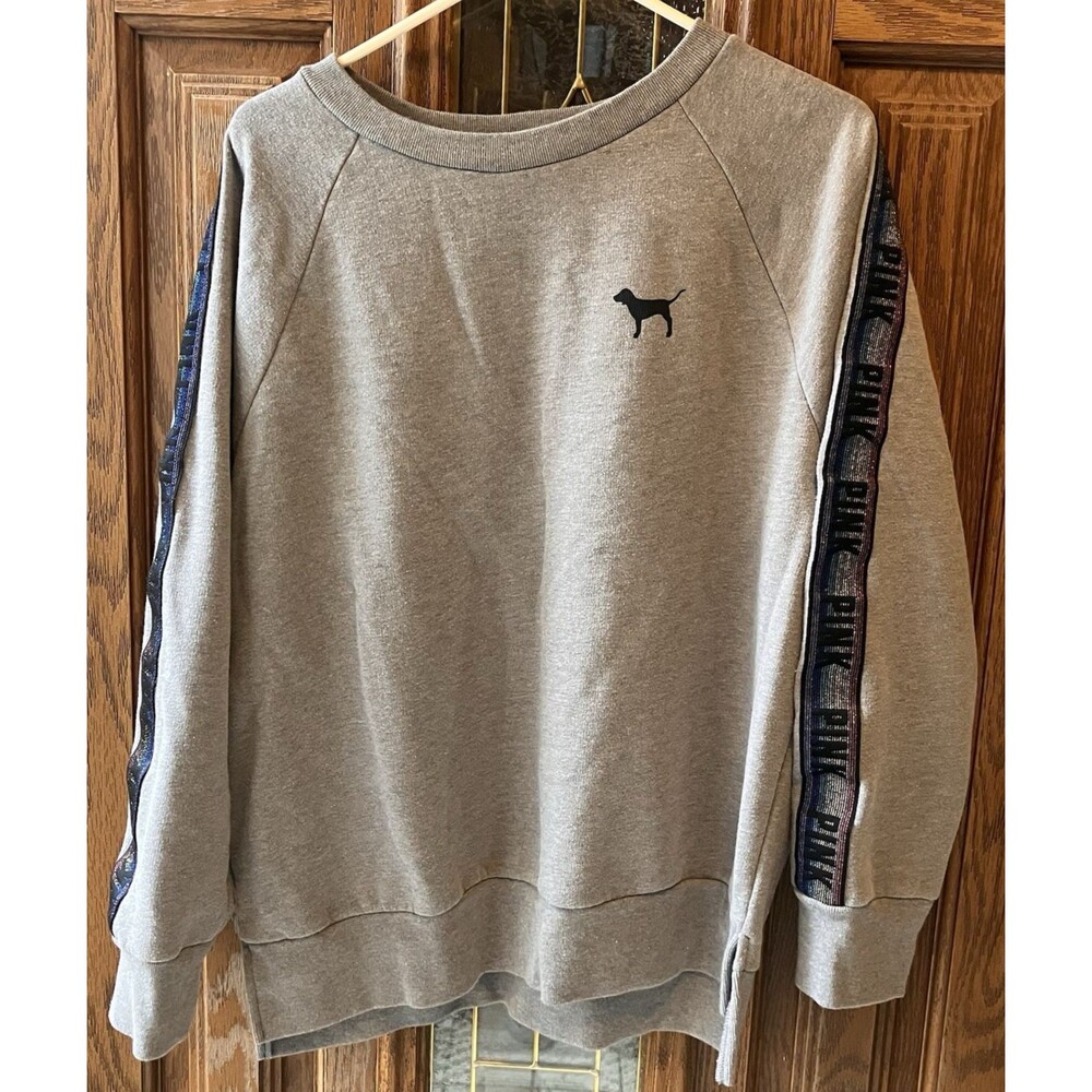 Victoria's Secret Y2K Vintage Sleeve Dog Sweatshirt Small Gray Rainbow Logo Sz M - Picture 1 of 9
